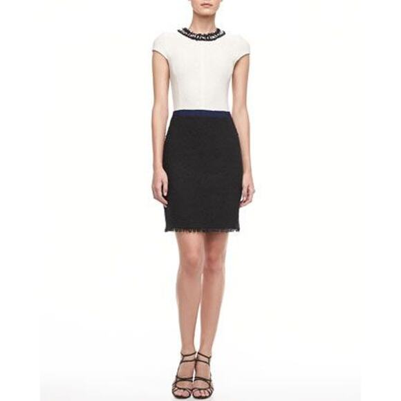 Rebecca Taylor Two Toned Embellished Neck Tweed Fringe Dress - Picture 2 of 12